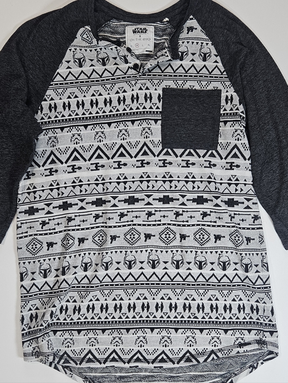 Star Wars Henley T-shirt Mens Medium Black Grey Casual Boba Fett Storm Trooper
